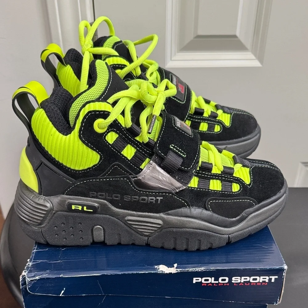 Polo by Ralph Lauren Black and Neon Green Suede Sneakers, Like New